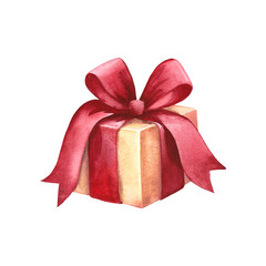 Gift with red bow. Happy birthday. Merry Christmas and Happy New Year. Watercolor illustration.