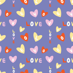 Love letters and hearts seamless pattern. Valentines day abstract background. Simple hippie bright sketchy hand drawn wrapping paper, cover.