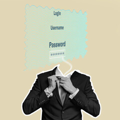 A man in a suit with a password instead of a head is worried about the privacy and security of...