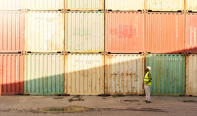 Logistics container, delivery and black man doing inspection of cargo at an outdoor distribution...