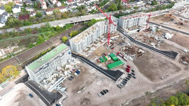 Aerial view of a large construction site, residential building