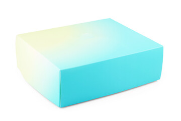 Fototapeta premium Top view of gift box with violet ribbon on blue background