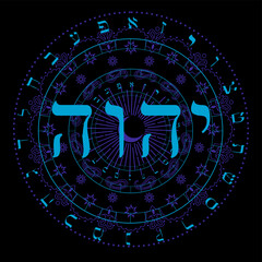 Vector illustration of the Hebrew alphabet in circular design. Sacred Tetragram in Hebrew.