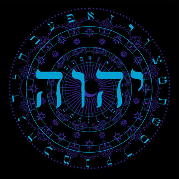 Vector illustration of the Hebrew alphabet in circular design. Sacred Tetragram in Hebrew.