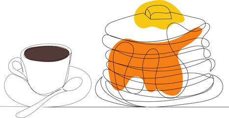 pancakes drawing by one continuous line, isolated vector