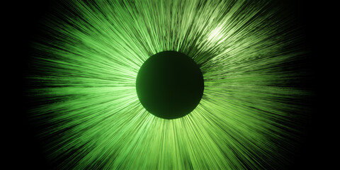 Abstract visualization of an eye with neon green retina and iris as conceptual background for science and research or futuristic wallpaper with copy space for text