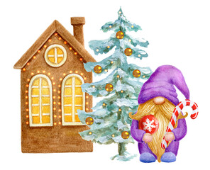 Watercolor Cute Gnome with Christmas Tree on background of  celebratory house. Little gnome with striped candy cane and Christmas ball for New year greetings card or invitation.