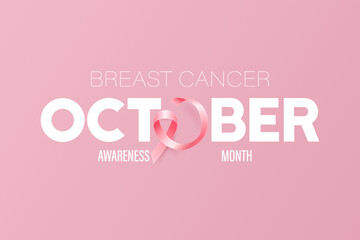 October. Breast Cancer Banner, Card, Placard with Vector 3d Realistic Pink Ribbon. Breast Cancer Awareness Month Symbol Closeup. World Breast Cancer Day Concept