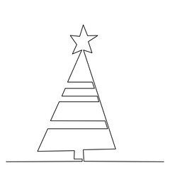christmas tree drawing in one continuous line, isolated vector
