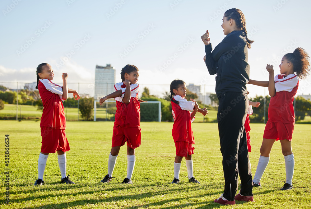 Canvas Prints fitness soccer, girl team and stretching with sport coach on sports field training, exercise or work