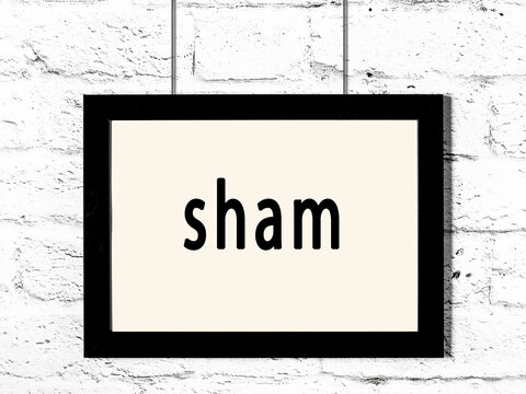 Black frame hanging on white brick wall with inscription sham