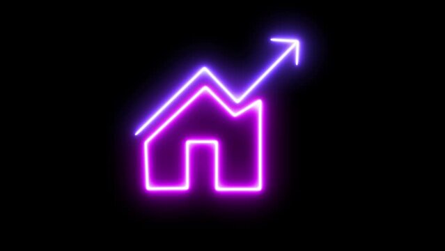 Real Estate Growth and Investing Concept Animation with Neon Home and Glowing Arrow Light on dark background, Animation of modern House Icon Increasing Graph. Business Creative Ide house value Up