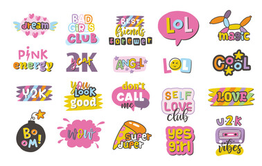 Collection of Cool Cute Vector Design. Y2K.  Trendy Girly quotes Collection. Funny cartoon illustration. Comic element for sticker, poster, graphic tee print, bullet journal cover, card. 1990s, 1980s,