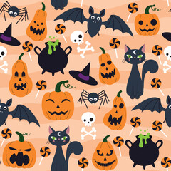 Naklejka premium Halloween pattern with different pumpkins, cat, bat, skull