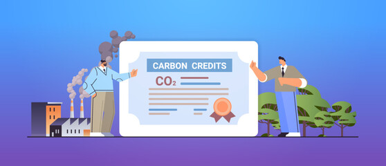 businesspeople signing carbon credits certificate document responsibility of co2 emission free trading carbon tax credit