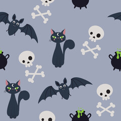 Pattern with cats, skulls and bats for Halloween
