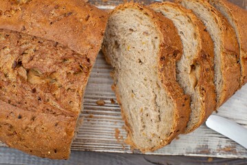 Sliced rye bread with grains. Close-up.