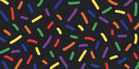 Cute abstract horizontal background with rainbow colored decorative sprinkles. Multi colored confetti on black backdrop. Pop art style textures. Vector design layout for banners presentations, flyers