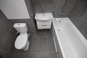 Interior of modern minimalist bathroom with bathtub, toilet, sink and shower. View from above