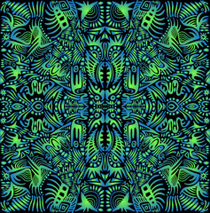 Psychedelic fractal mandala flower with amazing colorful patterns. Ethno style. Gradient green blue colors. Amazing decorative element majestic flower.