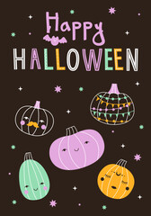 Vector postcard with cute pastel halloween doodle pumpkins. Cartoon magic characters for kids. Hand drawn elements for card, poster, invitation design