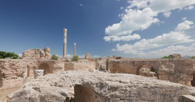 Rotating close view of The Baths of Antoninus Archaeological site of Carthage, Tunisia.