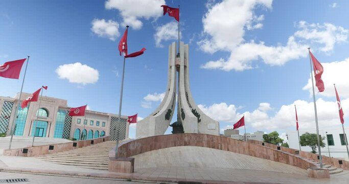 Facade of the city hall and the monument of the Kasbah Square in Tunis, Tunisia. 