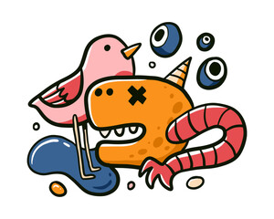 Fun and colorful hand drawn doodle monster illustration in childish style