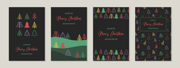 Set of Christmas greeting cards with decorative trees. Vector illustration