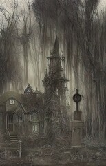 Halloween background, digital illustration of a victorian haunted house in a dense spooky forest