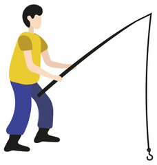 Modern minimalist illustration of a man in comfortable clothes fishing while standing. Faceless male character with a fishing rod in his hands. Vector clipart isolated on transparent background