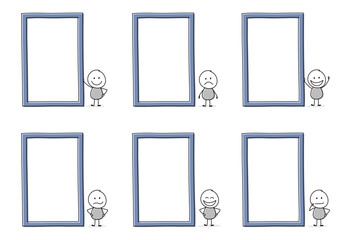 Collection of funny stickman with empty board. Icon set. Vector
