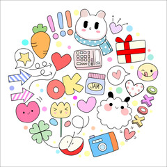 Kawaii set fashion patches badges for sticker , postcard , invitation . vector illustration for kids on a circle background
