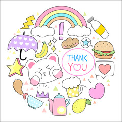 Kawaii set fashion patches badges for sticker , postcard , invitation . vector illustration for kids on a circle background