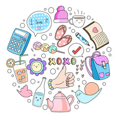Kawaii set fashion patches badges for sticker , postcard , invitation . vector illustration for kids on a circle background