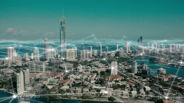 Digital, city and network in IoT drone of buildings, 3d animation and node overlay in a town. Networking nodes aerial over architecture in future technology, communication and big data for business