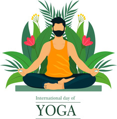 flat international day yoga illustration. Vector illustration with a man in yoga poses on a mountains landscape background for use as a template of the poster for International Yoga Day, 21st June.