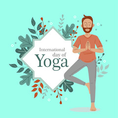 hand drew international day yoga illustration.Vector illustration with a man in yoga poses on a mountains landscape background for use as a template of the poster for International Yoga Day, 21st June