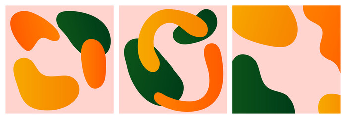 Set of artistic vector illustration with hand drawn organic shapes. Aesthetic microblog carousel slides template for social media. Orange, yellow, green gradient, fall colors. Liquid abstract shapes