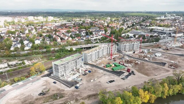 Aerial view of a large construction site, residential building