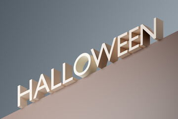 Halloween words on podium in pastel blue background. 3D Rendering. Isometric style, hero view.