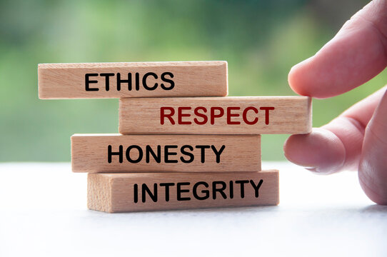 Wooden Blocks With Words Ethics, Respect, Honesty And Integrity. Business Culture And Code Of Conduct