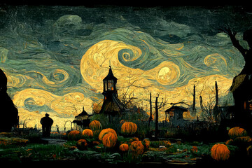 Spooky Van Gogh style Halloween scene background with pumpkins