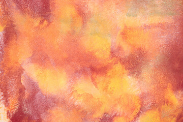 Fototapeta na wymiar Watercolor autumn texture background. Orange and yellow abstract landscape gradient. Peach batik graphic. Fall color painting. Design illustration brush stroke. Aquarelle art backdrop