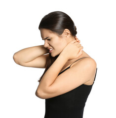 Fototapeta na wymiar Young woman suffering from neck pain on white background