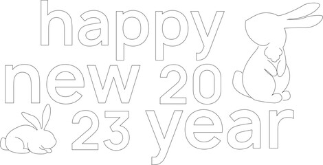 The inscription "Happy New Year" and silhouettes of rabbits. Vector one line illustration for the new year of the water rabbit 2023