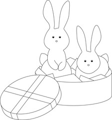 Rabbits in a gift box. Vector one line illustration for the new year of the water rabbit 2023
