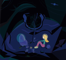 Vector colorful picture imaging another planet. In the center around lighting fire the girl, the strange creature, the cat and the dog, all in space helmets, are sitting. Their unity means friendship.