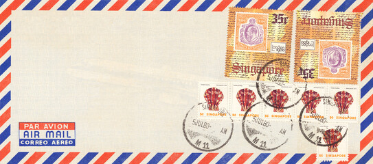 luftpost airmail vintage retro alt old briefmarken stamps gestempelt frankiert cancel muscheln shell briefumschlag envelope singapore 1980 london 1900 straits settlement july - obrazy, fototapety, plakaty