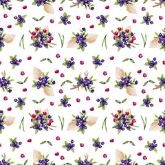 Watercolor seamless pattern berries. Texture for wrapping paper, fabrics, decor.